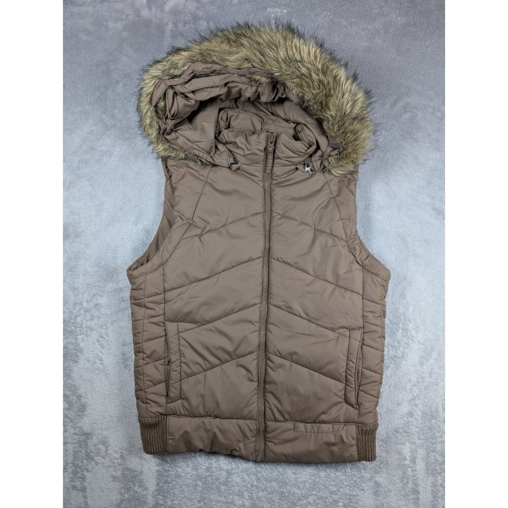 Jonathan Stone Puffer Vest Girls Large 14 16 Brown Faux Fur Hood Casual Preppy
